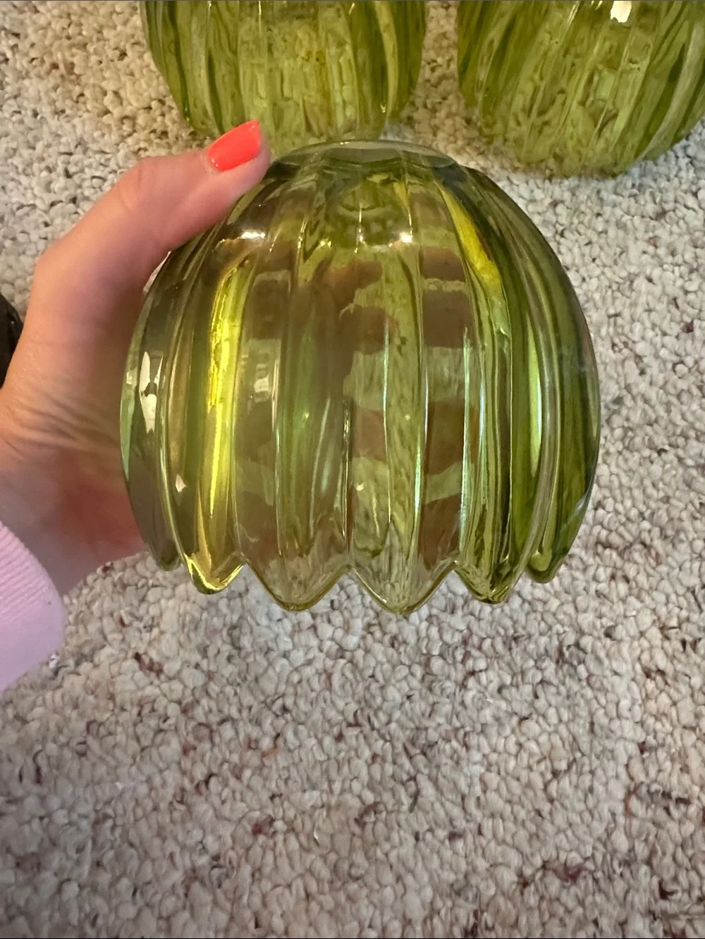 3 Green Ribbed Glass Lamp Shades - 2.25” Lip Fitter & 1.625”